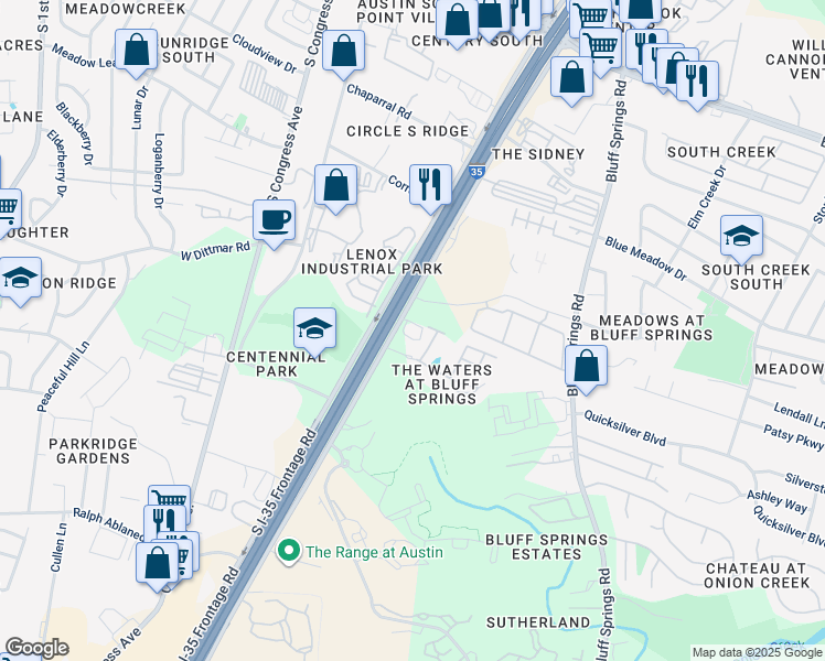 map of restaurants, bars, coffee shops, grocery stores, and more near 7501 South Interstate 35 Frontage Road in Austin