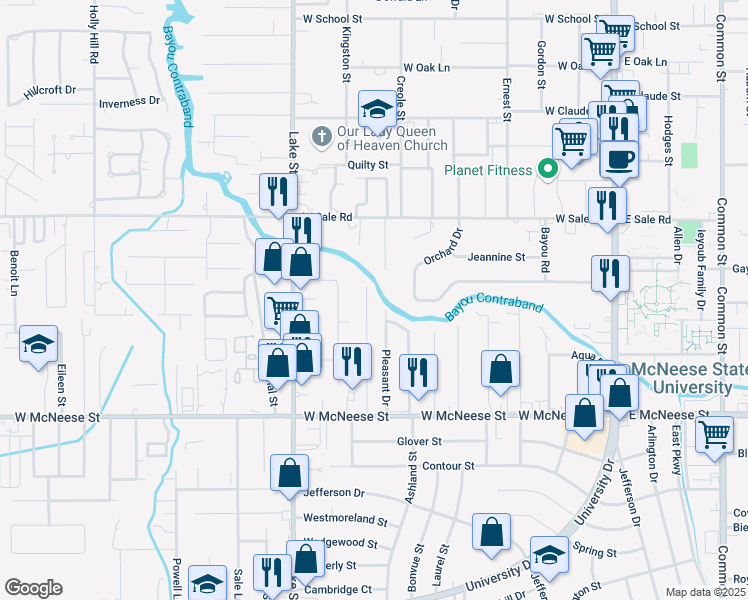 map of restaurants, bars, coffee shops, grocery stores, and more near 4318 Oaklawn Drive in Lake Charles