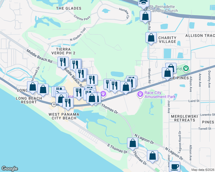map of restaurants, bars, coffee shops, grocery stores, and more near 1900-1998 Flagg Avenue in Panama City Beach