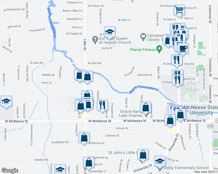 map of restaurants, bars, coffee shops, grocery stores, and more near 4311 Oaklawn Drive in Lake Charles
