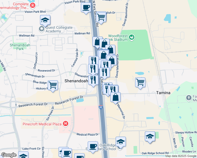 map of restaurants, bars, coffee shops, grocery stores, and more near Interstate 45 in Shenandoah