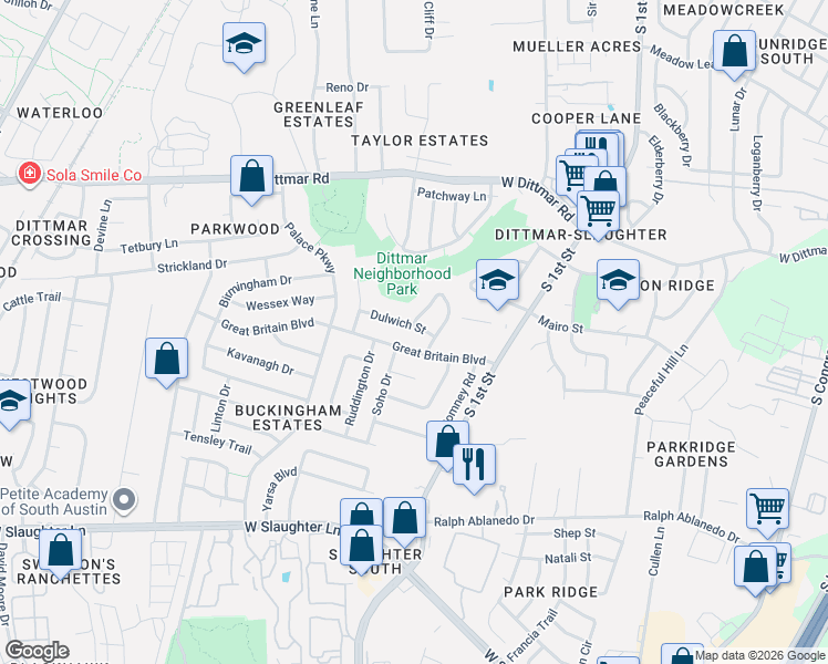map of restaurants, bars, coffee shops, grocery stores, and more near 705 Dulwich Street in Austin