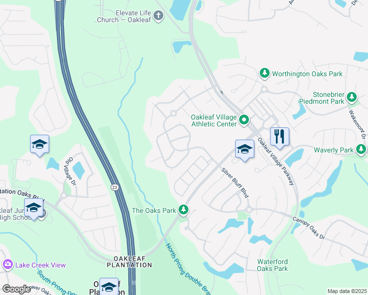 map of restaurants, bars, coffee shops, grocery stores, and more near 3681 Silver Bluff Boulevard in Orange Park