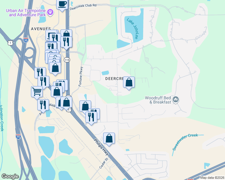 map of restaurants, bars, coffee shops, grocery stores, and more near 10450 Mc Laurin Road East in Jacksonville