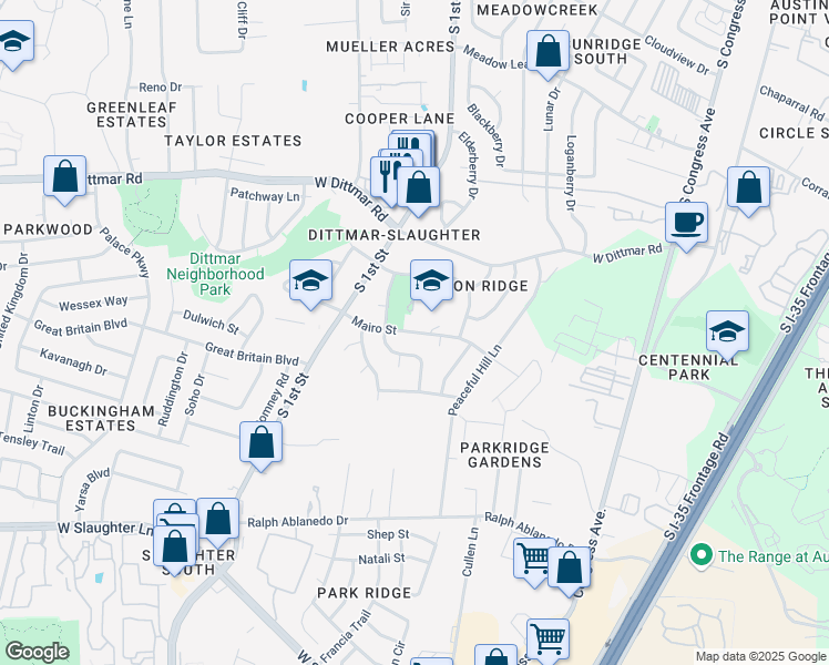 map of restaurants, bars, coffee shops, grocery stores, and more near 8207 Belclaire Lane in Austin