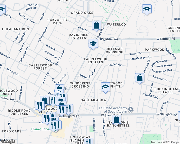 map of restaurants, bars, coffee shops, grocery stores, and more near 9117 Frock Court in Austin