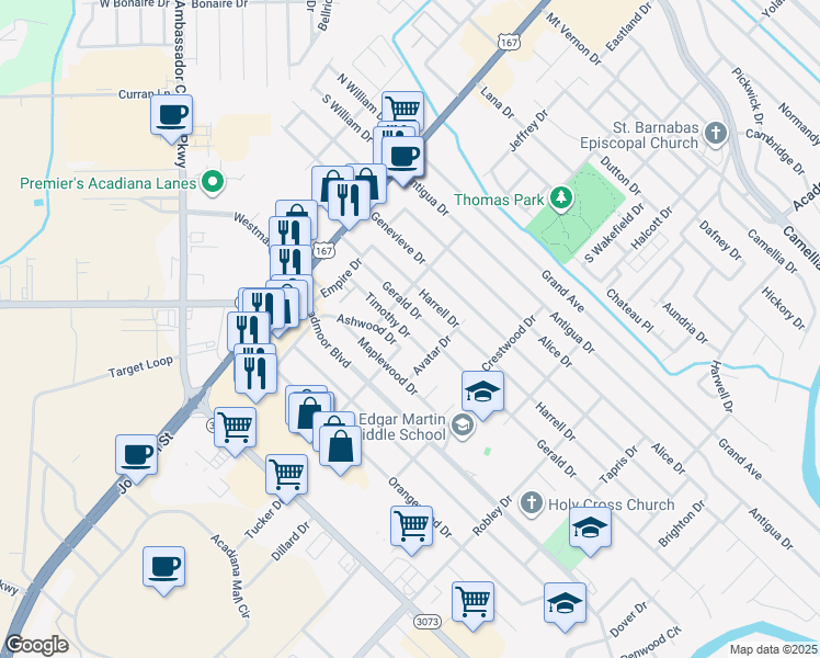 map of restaurants, bars, coffee shops, grocery stores, and more near 311 Timothy Drive in Lafayette