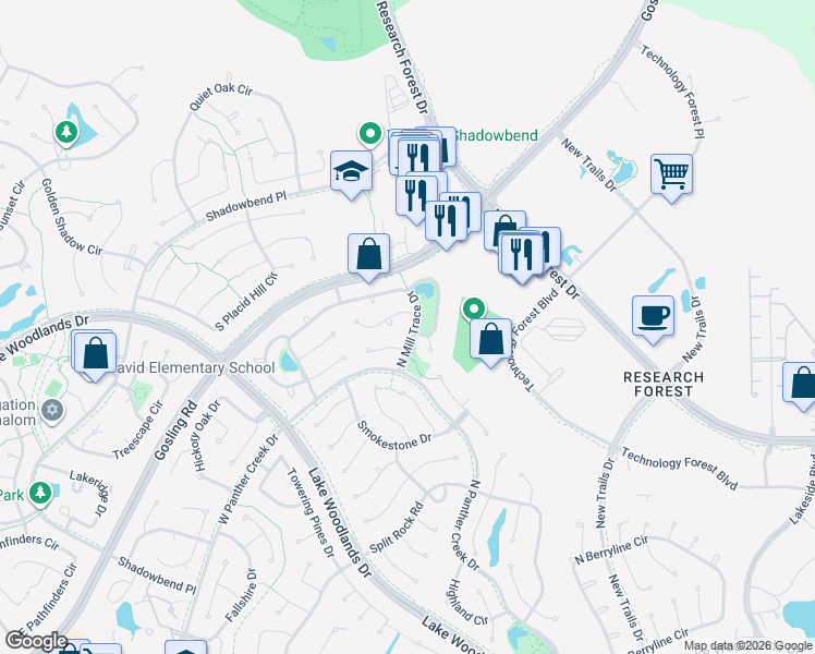 map of restaurants, bars, coffee shops, grocery stores, and more near 271 South Crimson Clover Court in Spring