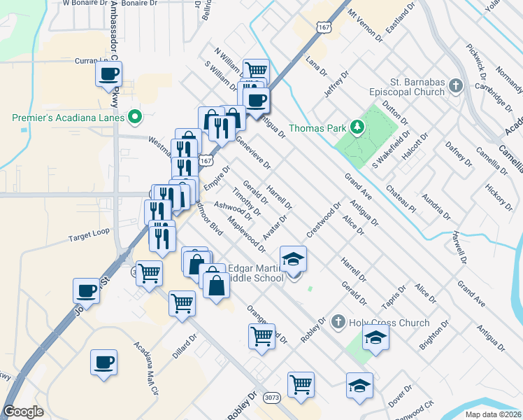 map of restaurants, bars, coffee shops, grocery stores, and more near 319 Timothy Drive in Lafayette