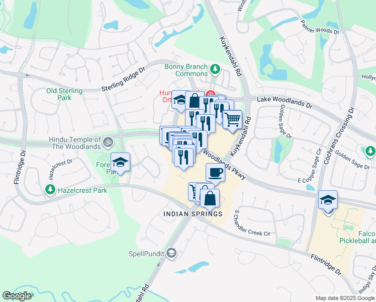 map of restaurants, bars, coffee shops, grocery stores, and more near 6467 Woodlands Parkway in Spring