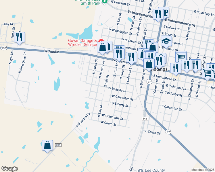 map of restaurants, bars, coffee shops, grocery stores, and more near 626 West Bellville Street in Giddings