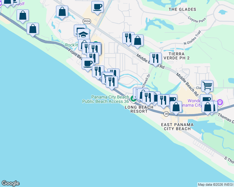 map of restaurants, bars, coffee shops, grocery stores, and more near 10811 Front Beach Road in Panama City Beach