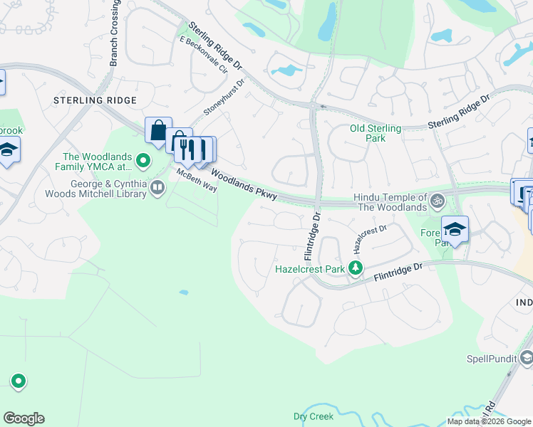 map of restaurants, bars, coffee shops, grocery stores, and more near 38 South Altwood Circle in Spring