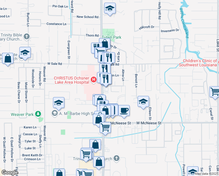 map of restaurants, bars, coffee shops, grocery stores, and more near 1711 Mignonette Lane in Lake Charles