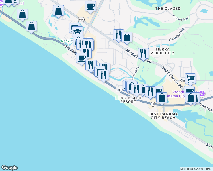 map of restaurants, bars, coffee shops, grocery stores, and more near 10811 Front Beach Road in Panama City Beach