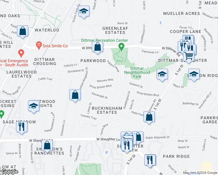 map of restaurants, bars, coffee shops, grocery stores, and more near 907 Great Britain Boulevard in Austin
