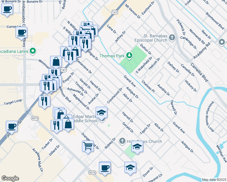 map of restaurants, bars, coffee shops, grocery stores, and more near 330 Genevieve Drive in Lafayette
