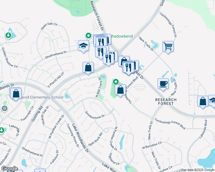 map of restaurants, bars, coffee shops, grocery stores, and more near 271 South Crimson Clover Court in Spring