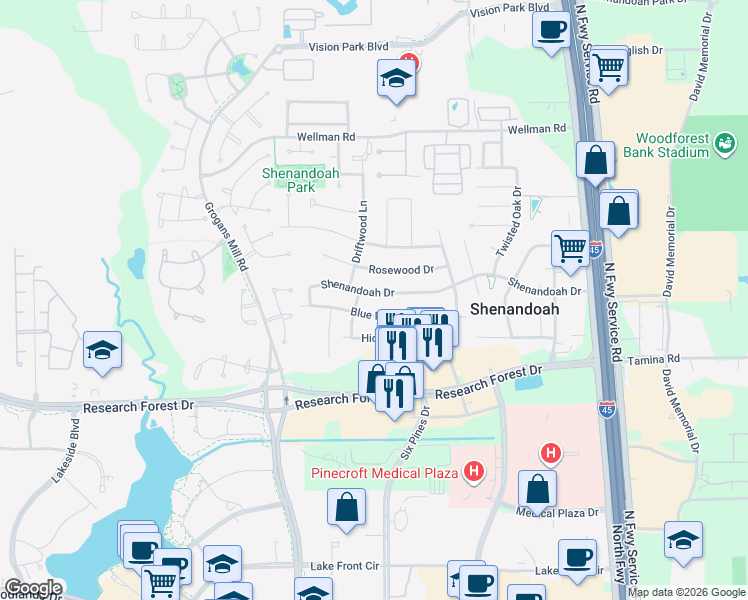map of restaurants, bars, coffee shops, grocery stores, and more near 614 Blue Ridge Drive in Shenandoah