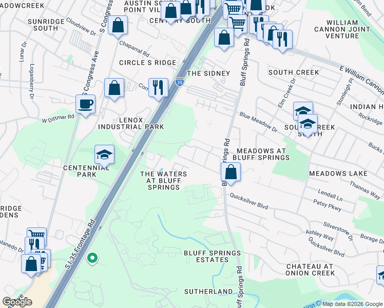 map of restaurants, bars, coffee shops, grocery stores, and more near 7330 Bluff Springs Road in Austin