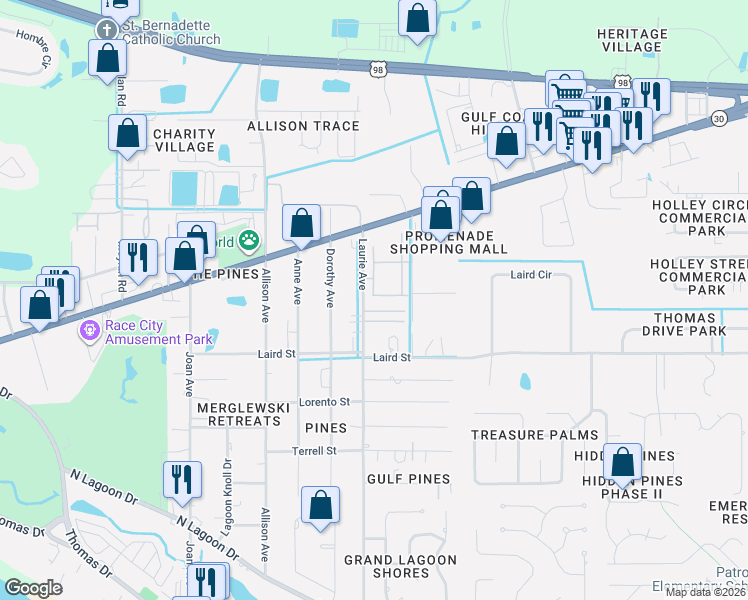 map of restaurants, bars, coffee shops, grocery stores, and more near 2309 Laurie Avenue in Panama City