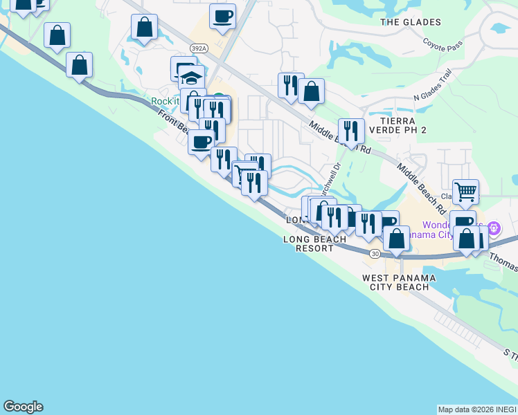 map of restaurants, bars, coffee shops, grocery stores, and more near 10811 Front Beach Road in Panama City Beach