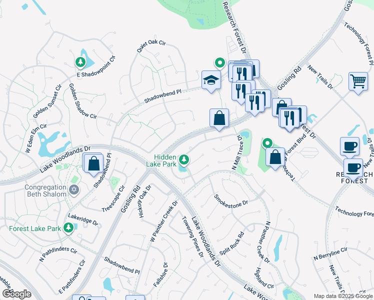 map of restaurants, bars, coffee shops, grocery stores, and more near 22 Spotted Fawn Court in Spring