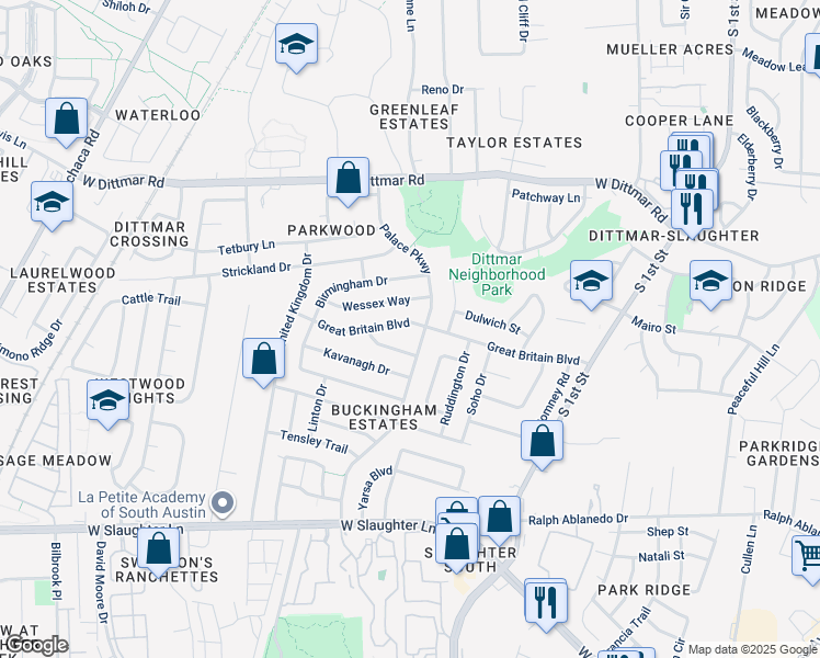 map of restaurants, bars, coffee shops, grocery stores, and more near 819 Great Britain Boulevard in Austin