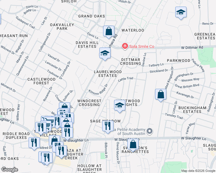 map of restaurants, bars, coffee shops, grocery stores, and more near 1630 Cattle Trail in Austin
