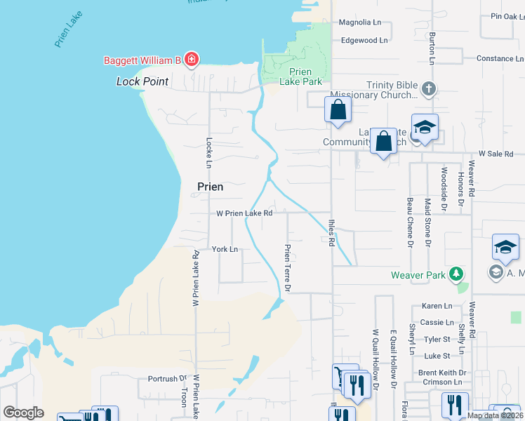 map of restaurants, bars, coffee shops, grocery stores, and more near 2907 West Prien Lake Road in Lake Charles
