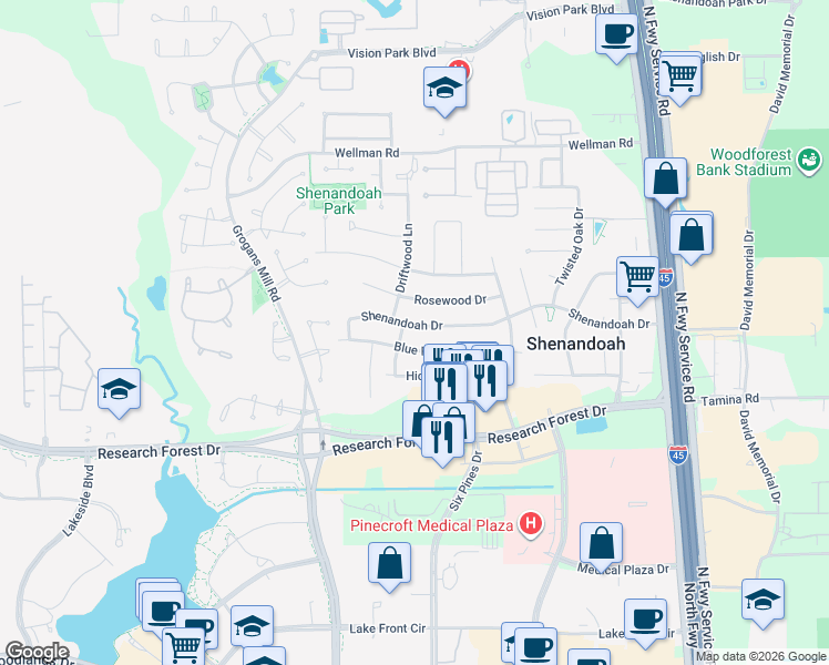 map of restaurants, bars, coffee shops, grocery stores, and more near 614 Blue Ridge Drive in Shenandoah