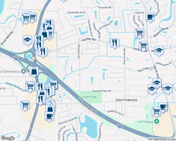 map of restaurants, bars, coffee shops, grocery stores, and more near 10819 Hampton Road in Jacksonville
