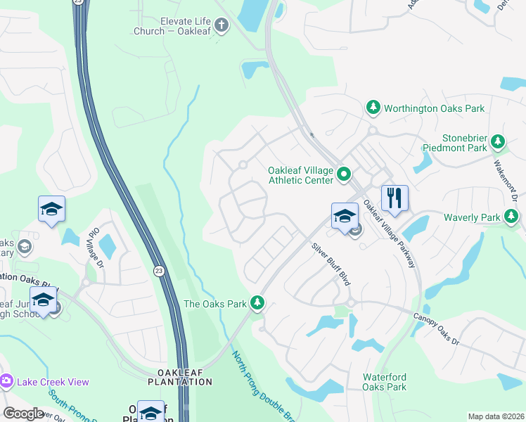 map of restaurants, bars, coffee shops, grocery stores, and more near 4014 Pebble Brooke Circle South in Orange Park