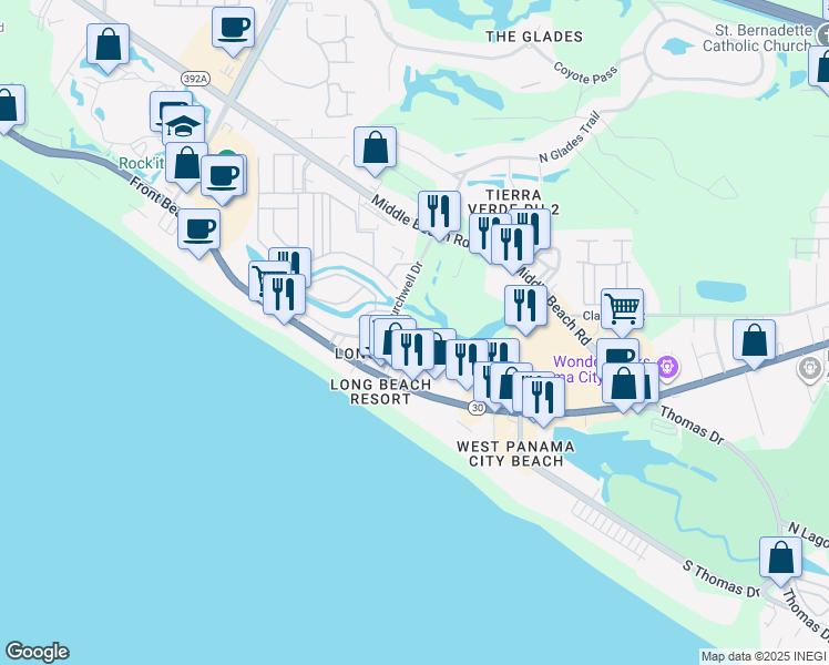 map of restaurants, bars, coffee shops, grocery stores, and more near 512 Dement Circle in Panama City Beach