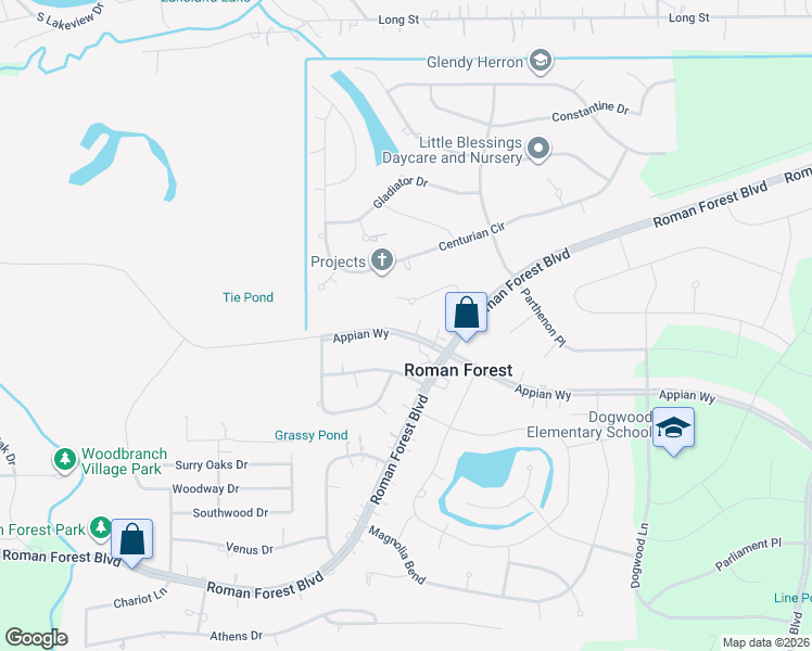 map of restaurants, bars, coffee shops, grocery stores, and more near 2431 Roman Forest Boulevard in New Caney