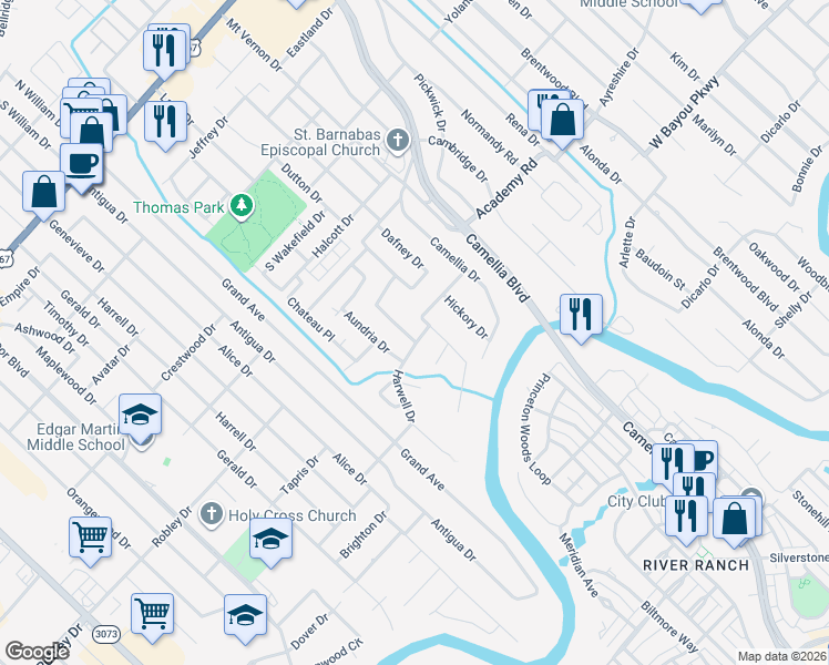 map of restaurants, bars, coffee shops, grocery stores, and more near 104 Harwell Drive in Lafayette