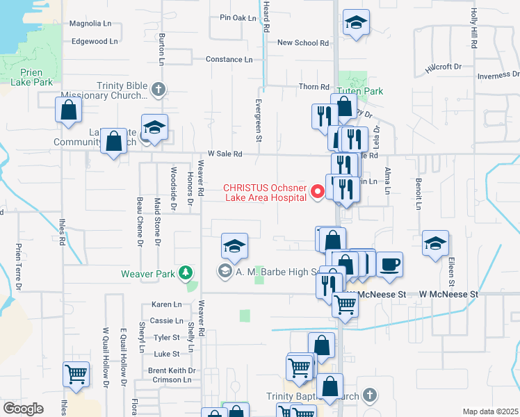 map of restaurants, bars, coffee shops, grocery stores, and more near 2215 Longue Vue Drive in Lake Charles