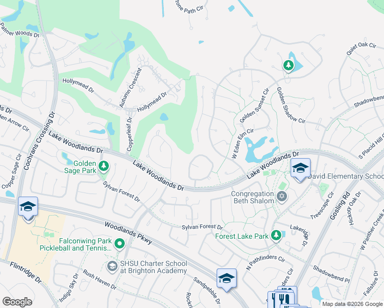 map of restaurants, bars, coffee shops, grocery stores, and more near 86 West Wedgemere Circle in Spring