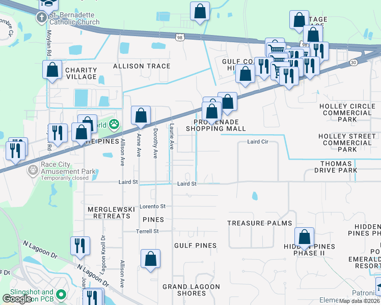 map of restaurants, bars, coffee shops, grocery stores, and more near 8601 Toqua Road in Panama City Beach