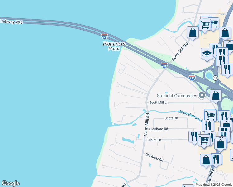 map of restaurants, bars, coffee shops, grocery stores, and more near 10735 Waverly Bluff Way in Jacksonville