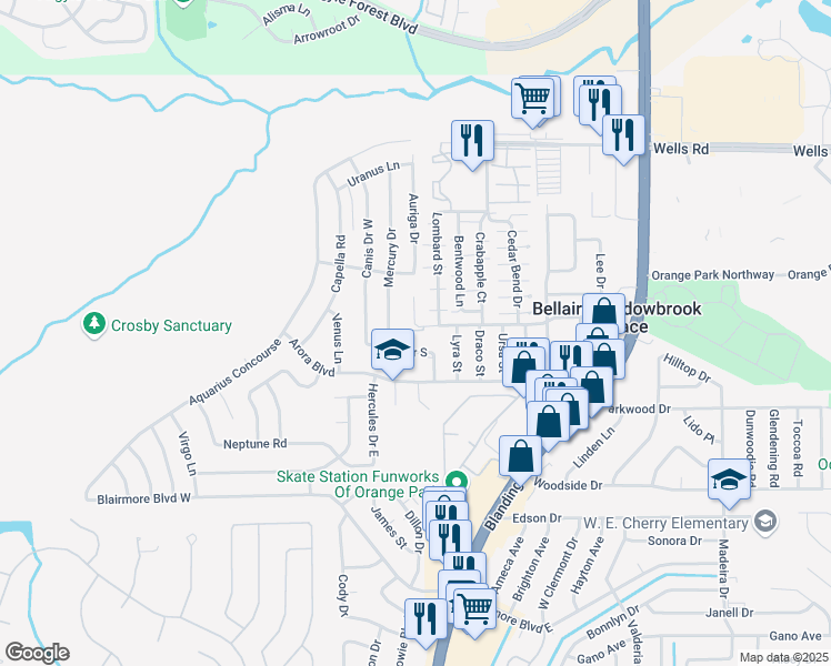 map of restaurants, bars, coffee shops, grocery stores, and more near 320 Canis Drive South in Orange Park