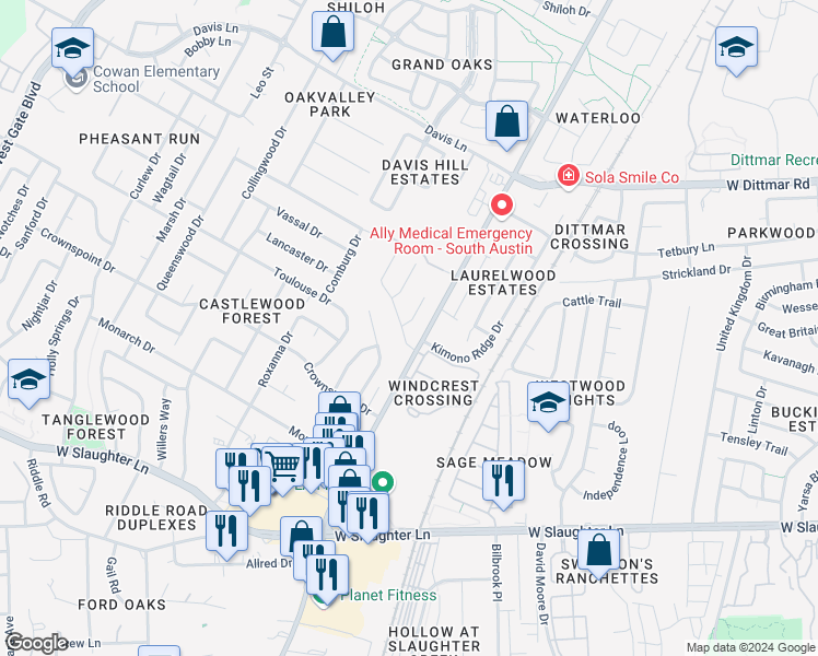 map of restaurants, bars, coffee shops, grocery stores, and more near 9206 Sedgemoor Trail in Austin