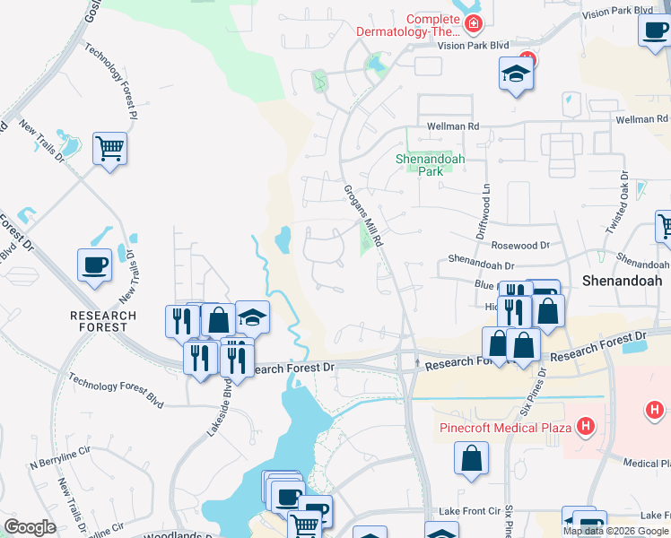 map of restaurants, bars, coffee shops, grocery stores, and more near 44 Pine Grove Court in Spring