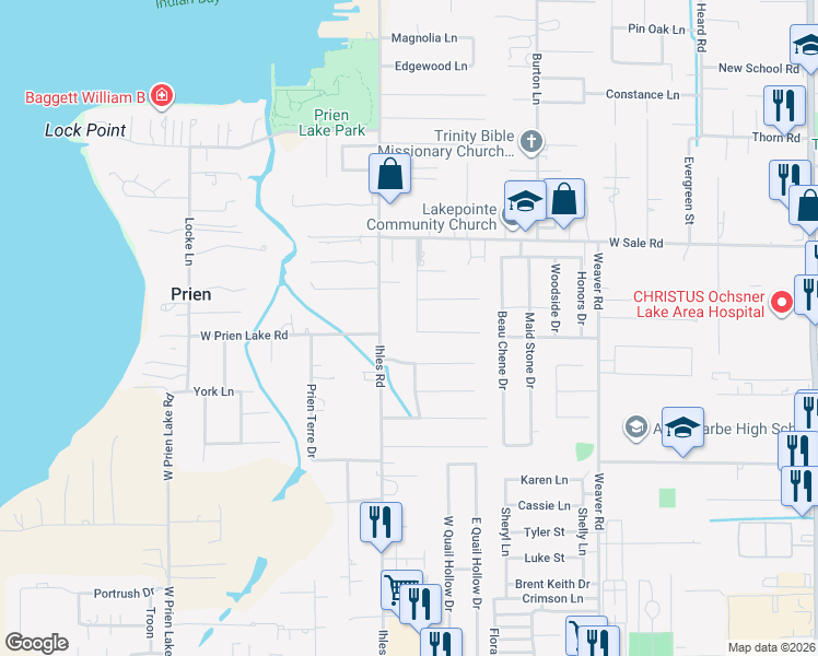 map of restaurants, bars, coffee shops, grocery stores, and more near 2744 Rue Calais in Lake Charles