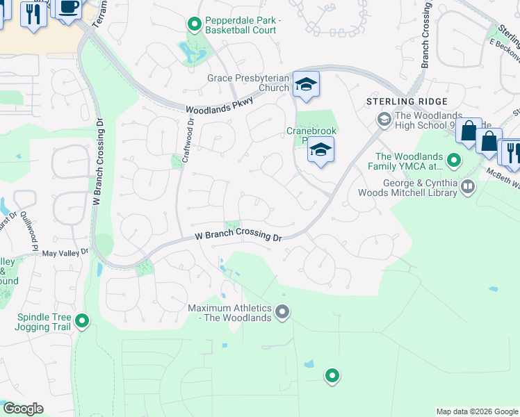 map of restaurants, bars, coffee shops, grocery stores, and more near 30 Pascale Creek Place in Spring