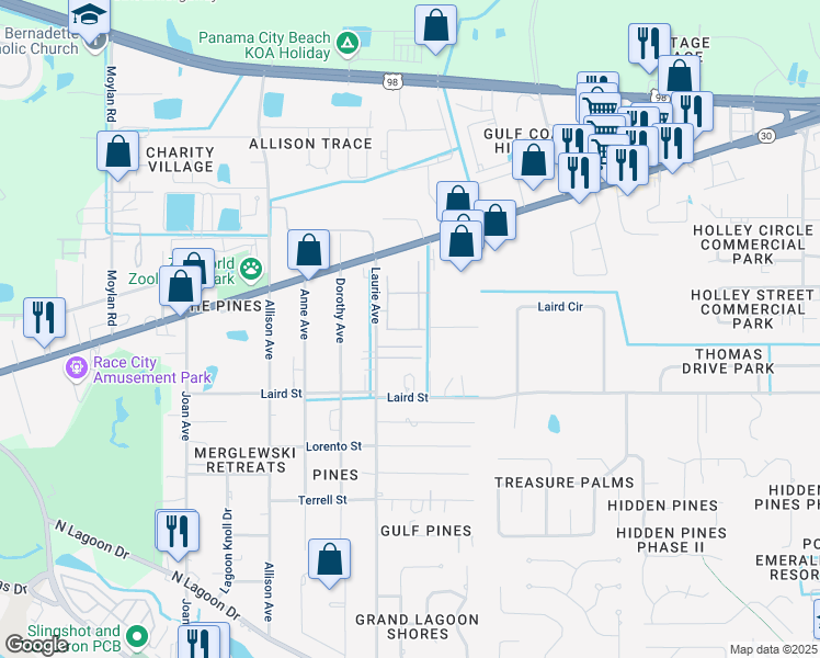 map of restaurants, bars, coffee shops, grocery stores, and more near 8605 Toqua Road in Panama City