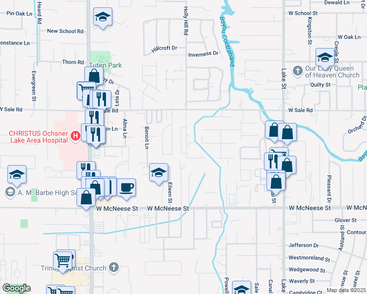 map of restaurants, bars, coffee shops, grocery stores, and more near 4268 Holly Hill Court in Lake Charles
