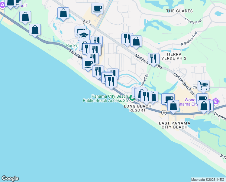 map of restaurants, bars, coffee shops, grocery stores, and more near 10826 Front Beach Road in Panama City Beach