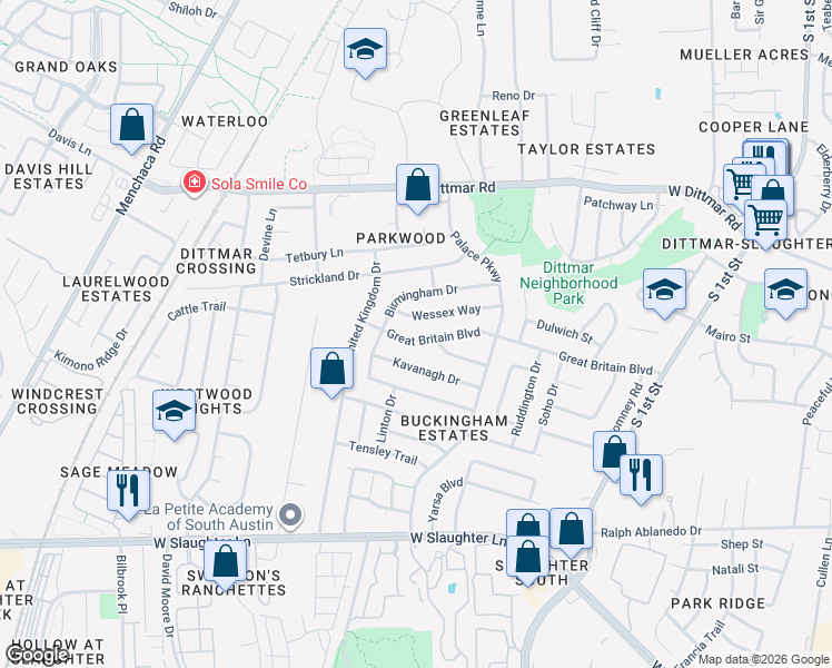map of restaurants, bars, coffee shops, grocery stores, and more near 1016 Wessex Way in Austin