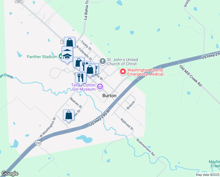 map of restaurants, bars, coffee shops, grocery stores, and more near 210 North Brazos Street in Burton